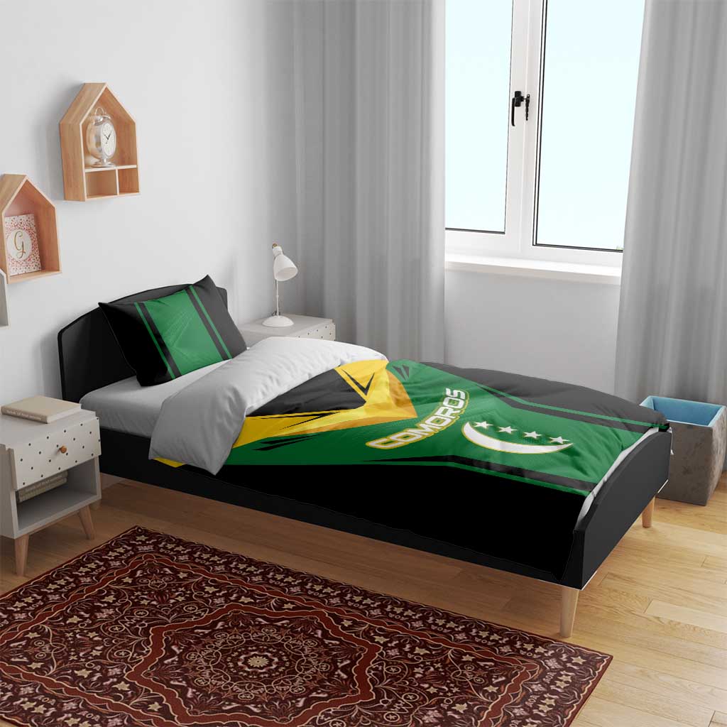 Comoros Bedding Set with National Colors Green Yellow Black Crescent Moon and Stars Emblem