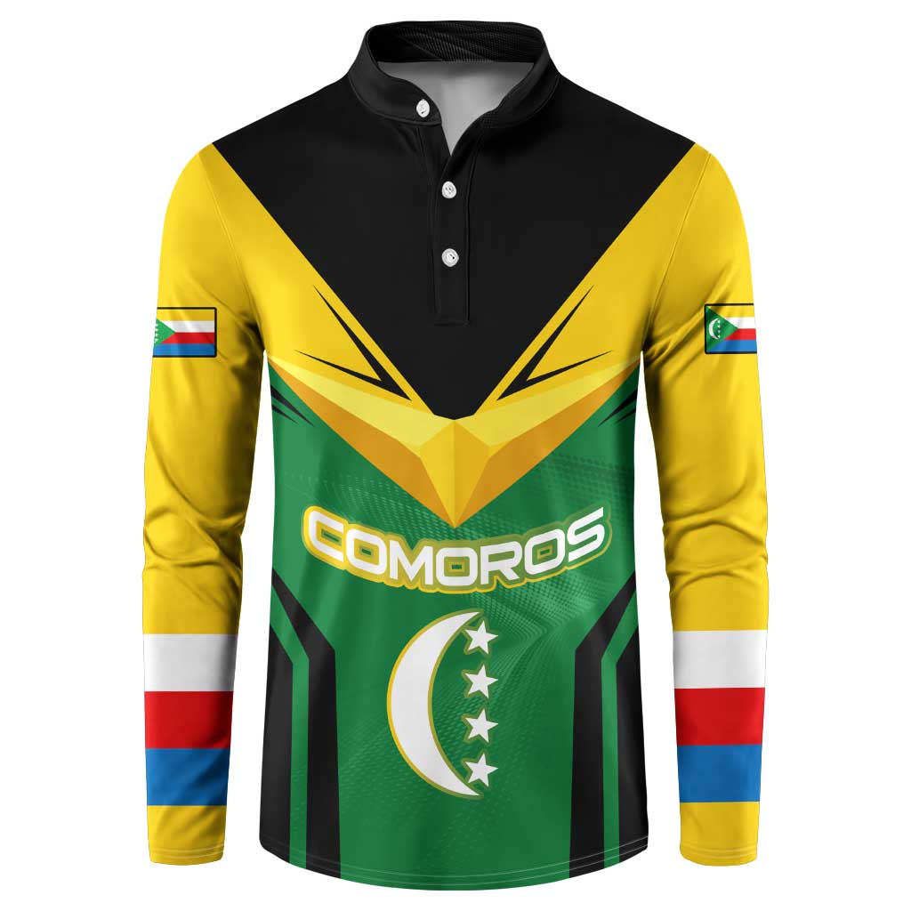 Comoros Button Sweatshirt with National Colors Green Yellow Black Crescent Moon and Stars Emblem