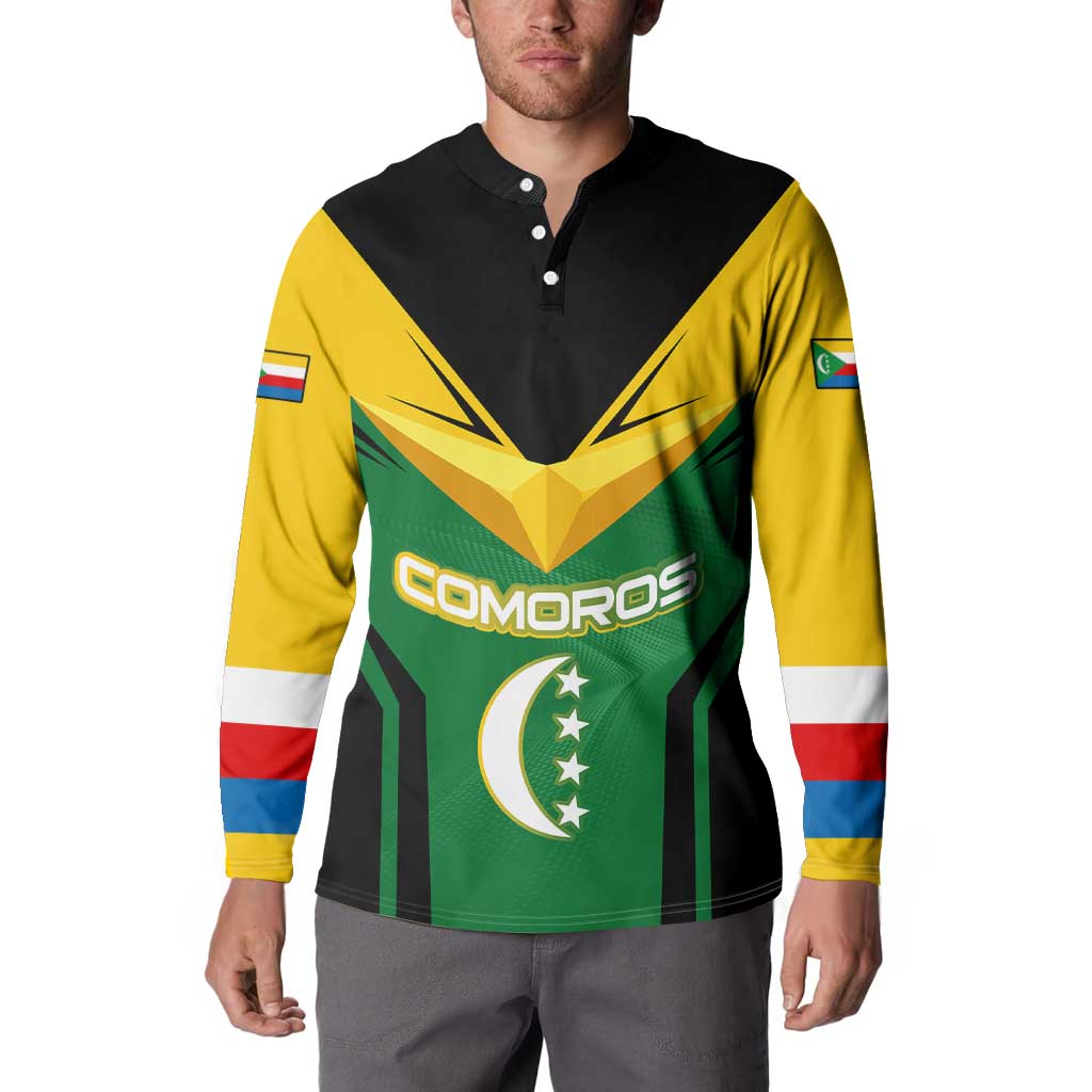 Comoros Button Sweatshirt with National Colors Green Yellow Black Crescent Moon and Stars Emblem