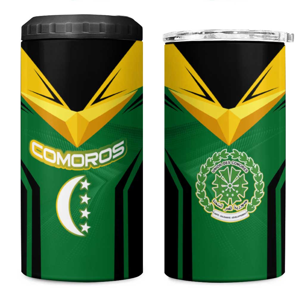 Comoros 4 in 1 Can Cooler Tumbler with National Colors Green Yellow Black Crescent Moon and Stars Emblem