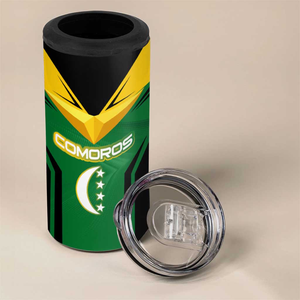 Comoros 4 in 1 Can Cooler Tumbler with National Colors Green Yellow Black Crescent Moon and Stars Emblem