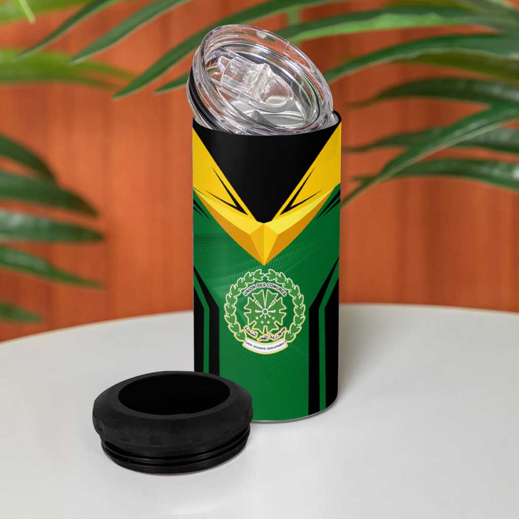 Comoros 4 in 1 Can Cooler Tumbler with National Colors Green Yellow Black Crescent Moon and Stars Emblem