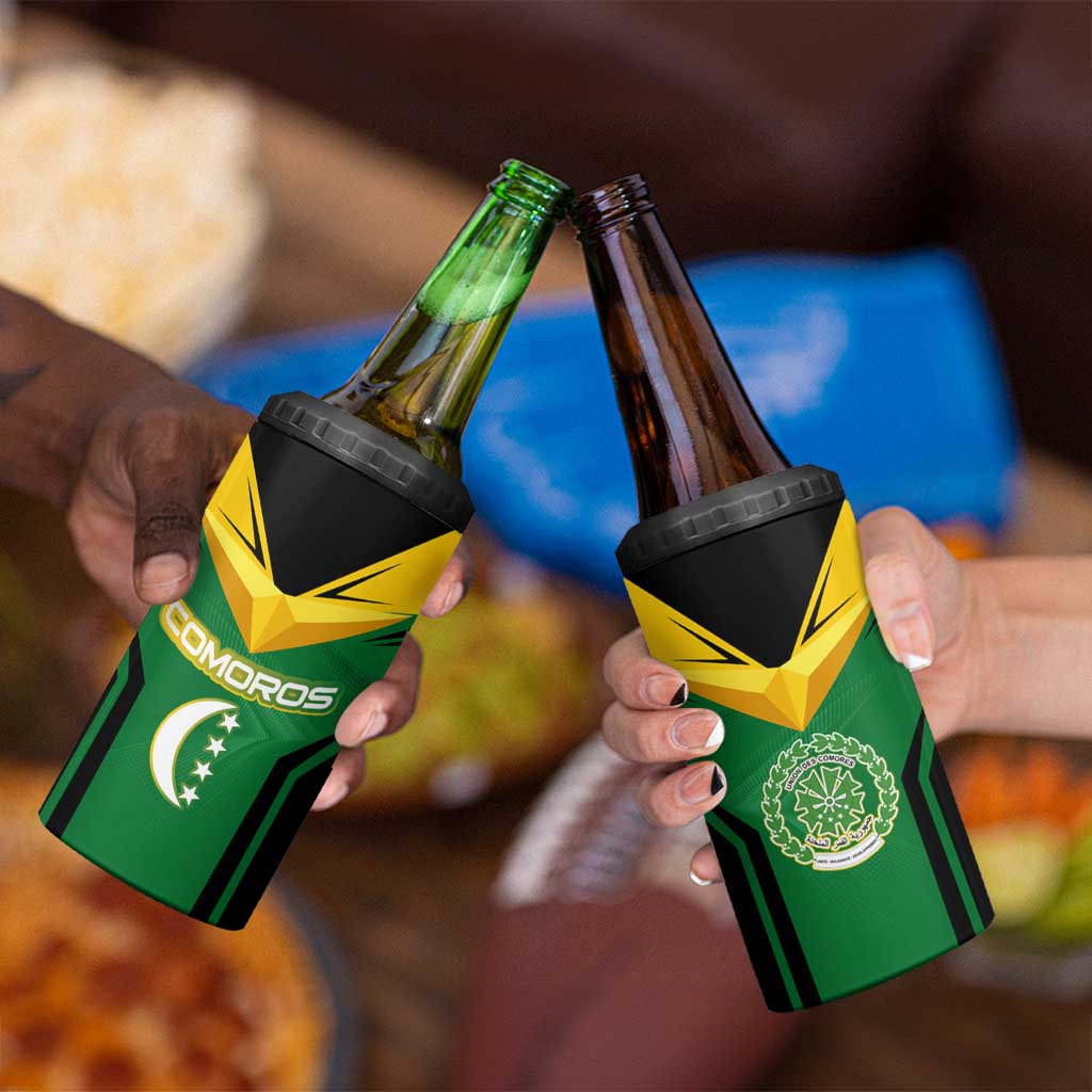 Comoros 4 in 1 Can Cooler Tumbler with National Colors Green Yellow Black Crescent Moon and Stars Emblem