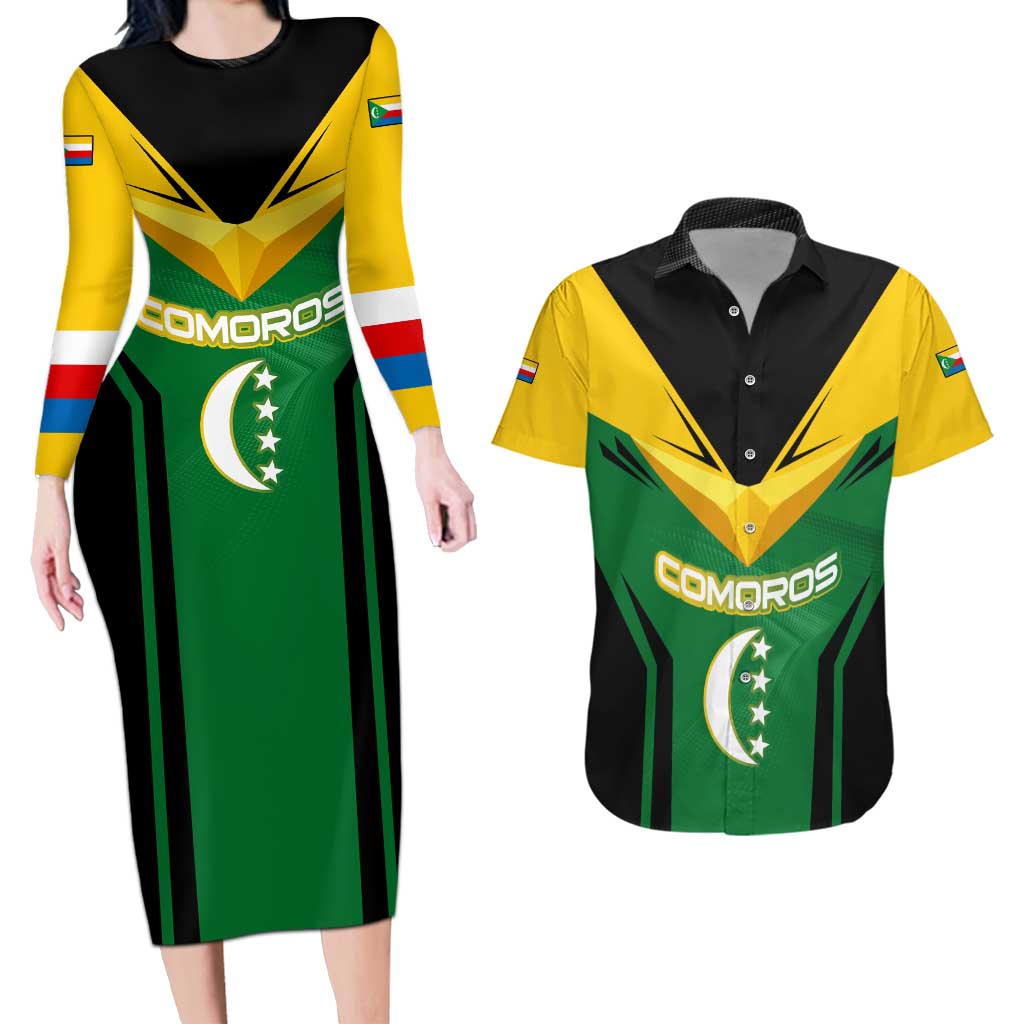 Comoros Couples Matching Long Sleeve Bodycon Dress and Hawaiian Shirt with National Colors Green Yellow Black Crescent Moon and Stars Emblem