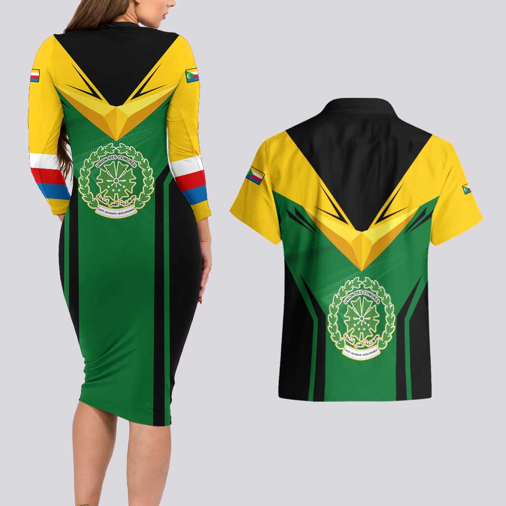 Comoros Couples Matching Long Sleeve Bodycon Dress and Hawaiian Shirt with National Colors Green Yellow Black Crescent Moon and Stars Emblem