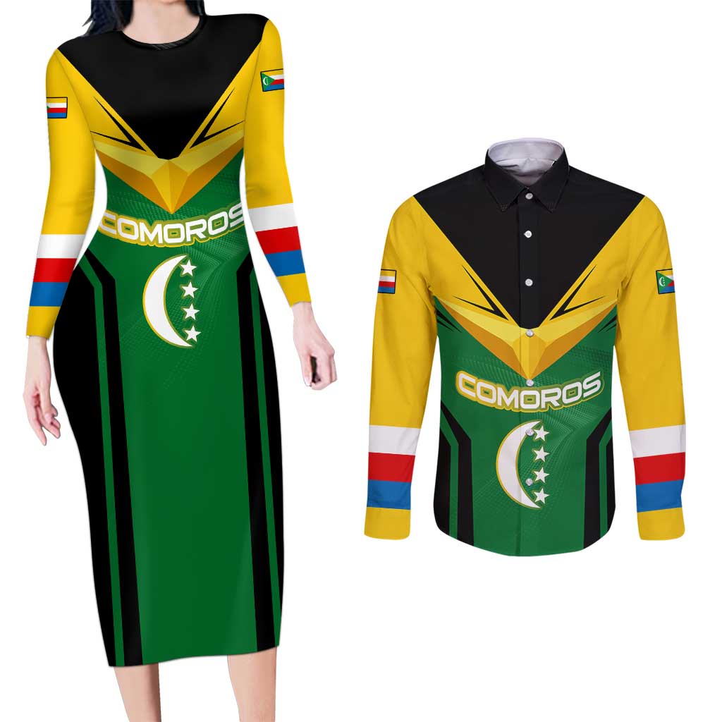 Comoros Couples Matching Long Sleeve Bodycon Dress and Long Sleeve Button Shirt with National Colors Green Yellow Black Crescent Moon and Stars Emblem