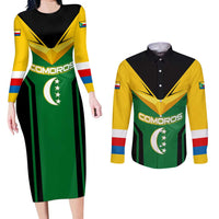 Comoros Couples Matching Long Sleeve Bodycon Dress and Long Sleeve Button Shirt with National Colors Green Yellow Black Crescent Moon and Stars Emblem