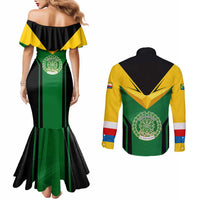 Comoros Couples Matching Mermaid Dress and Long Sleeve Button Shirt with National Colors Green Yellow Black Crescent Moon and Stars Emblem