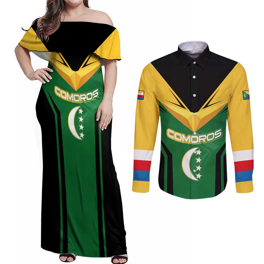 Comoros Couples Matching Off Shoulder Maxi Dress and Long Sleeve Button Shirt with National Colors Green Yellow Black Crescent Moon and Stars Emblem