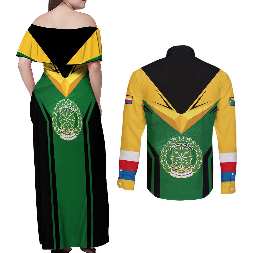Comoros Couples Matching Off Shoulder Maxi Dress and Long Sleeve Button Shirt with National Colors Green Yellow Black Crescent Moon and Stars Emblem
