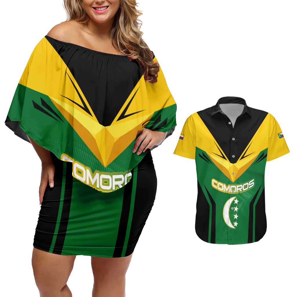 Comoros Couples Matching Off Shoulder Short Dress and Hawaiian Shirt with National Colors Green Yellow Black Crescent Moon and Stars Emblem