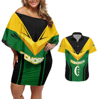 Comoros Couples Matching Off Shoulder Short Dress and Hawaiian Shirt with National Colors Green Yellow Black Crescent Moon and Stars Emblem