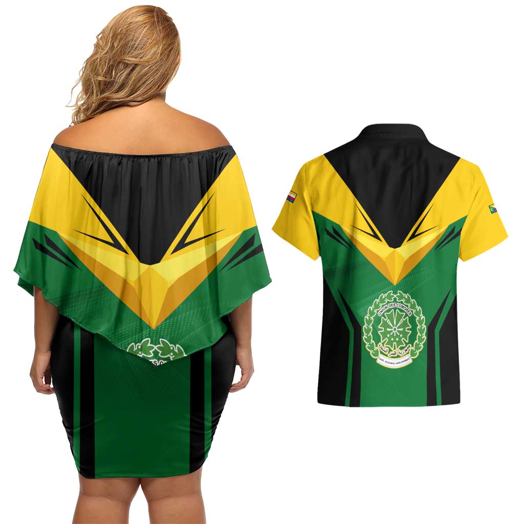 Comoros Couples Matching Off Shoulder Short Dress and Hawaiian Shirt with National Colors Green Yellow Black Crescent Moon and Stars Emblem