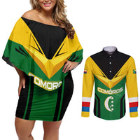 Comoros Couples Matching Off Shoulder Short Dress and Long Sleeve Button Shirt with National Colors Green Yellow Black Crescent Moon and Stars Emblem