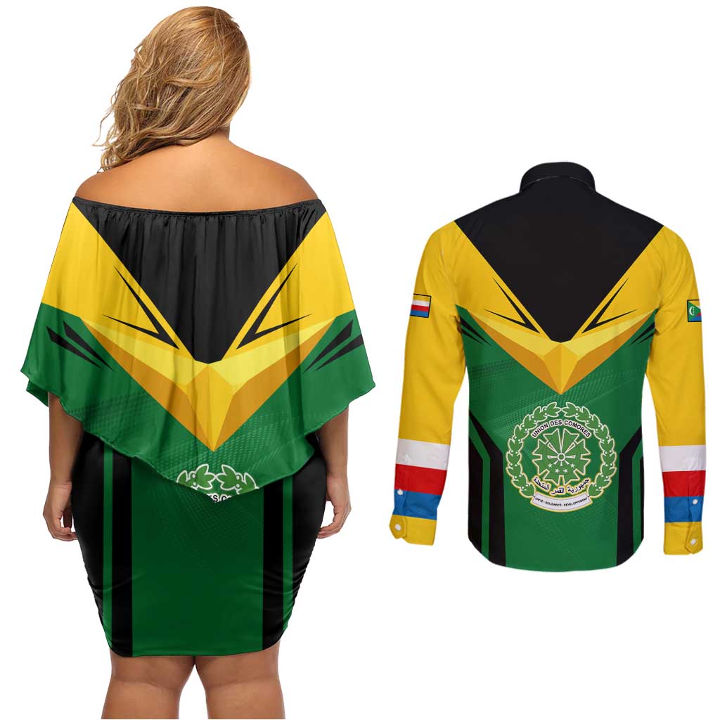 Comoros Couples Matching Off Shoulder Short Dress and Long Sleeve Button Shirt with National Colors Green Yellow Black Crescent Moon and Stars Emblem