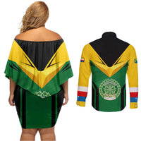 Comoros Couples Matching Off Shoulder Short Dress and Long Sleeve Button Shirt with National Colors Green Yellow Black Crescent Moon and Stars Emblem