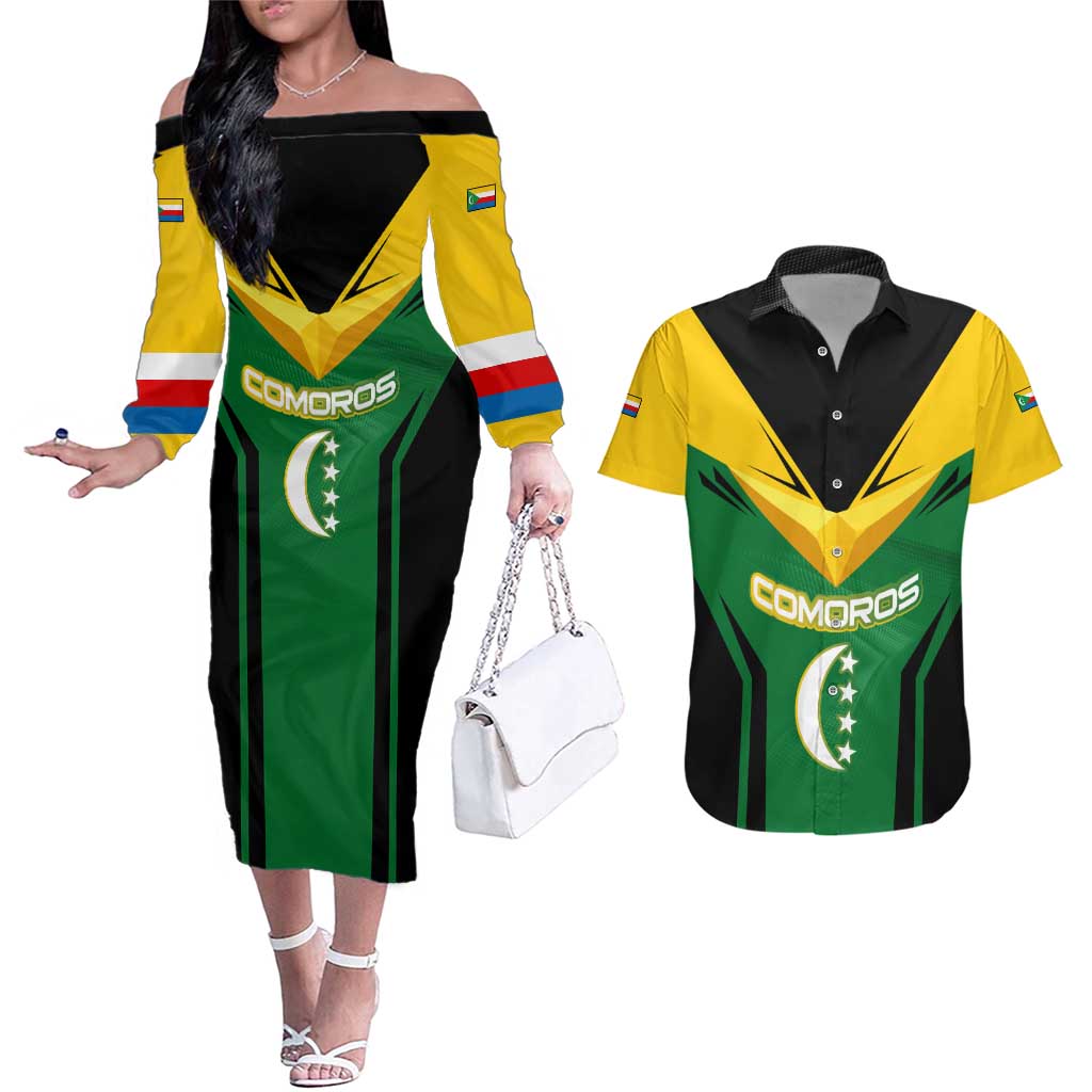 Comoros Couples Matching Off The Shoulder Long Sleeve Dress and Hawaiian Shirt with National Colors Green Yellow Black Crescent Moon and Stars Emblem