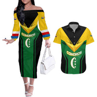 Comoros Couples Matching Off The Shoulder Long Sleeve Dress and Hawaiian Shirt with National Colors Green Yellow Black Crescent Moon and Stars Emblem