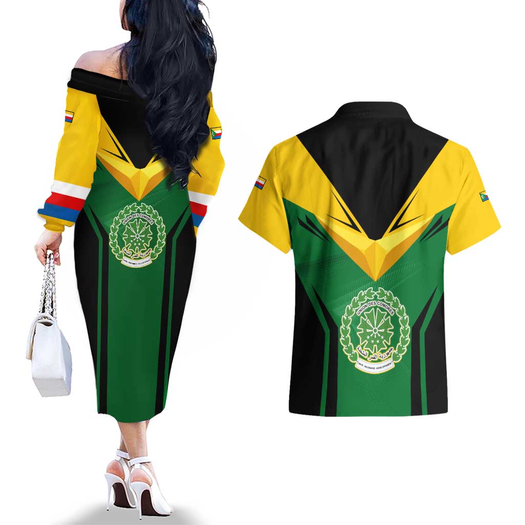 Comoros Couples Matching Off The Shoulder Long Sleeve Dress and Hawaiian Shirt with National Colors Green Yellow Black Crescent Moon and Stars Emblem