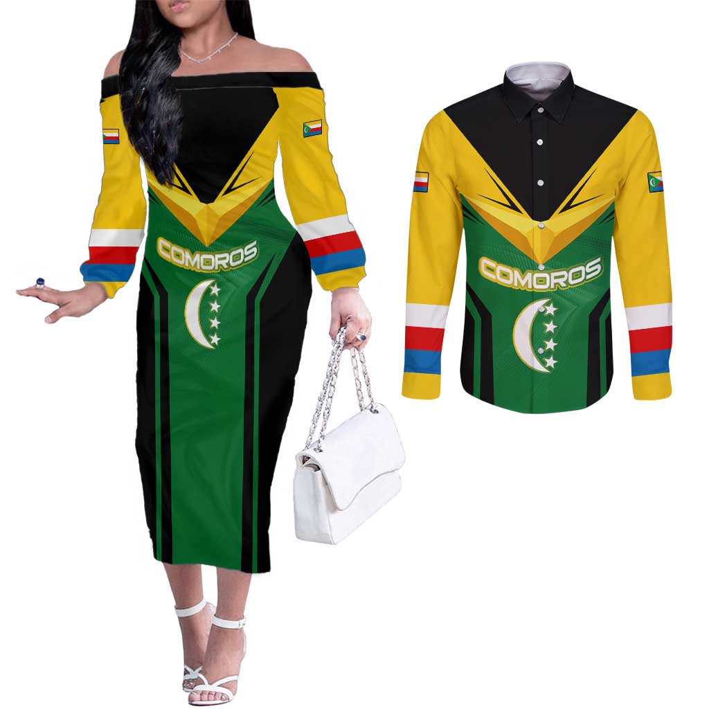 Comoros Couples Matching Off The Shoulder Long Sleeve Dress and Long Sleeve Button Shirt with National Colors Green Yellow Black Crescent Moon and Stars Emblem