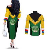 Comoros Couples Matching Off The Shoulder Long Sleeve Dress and Long Sleeve Button Shirt with National Colors Green Yellow Black Crescent Moon and Stars Emblem