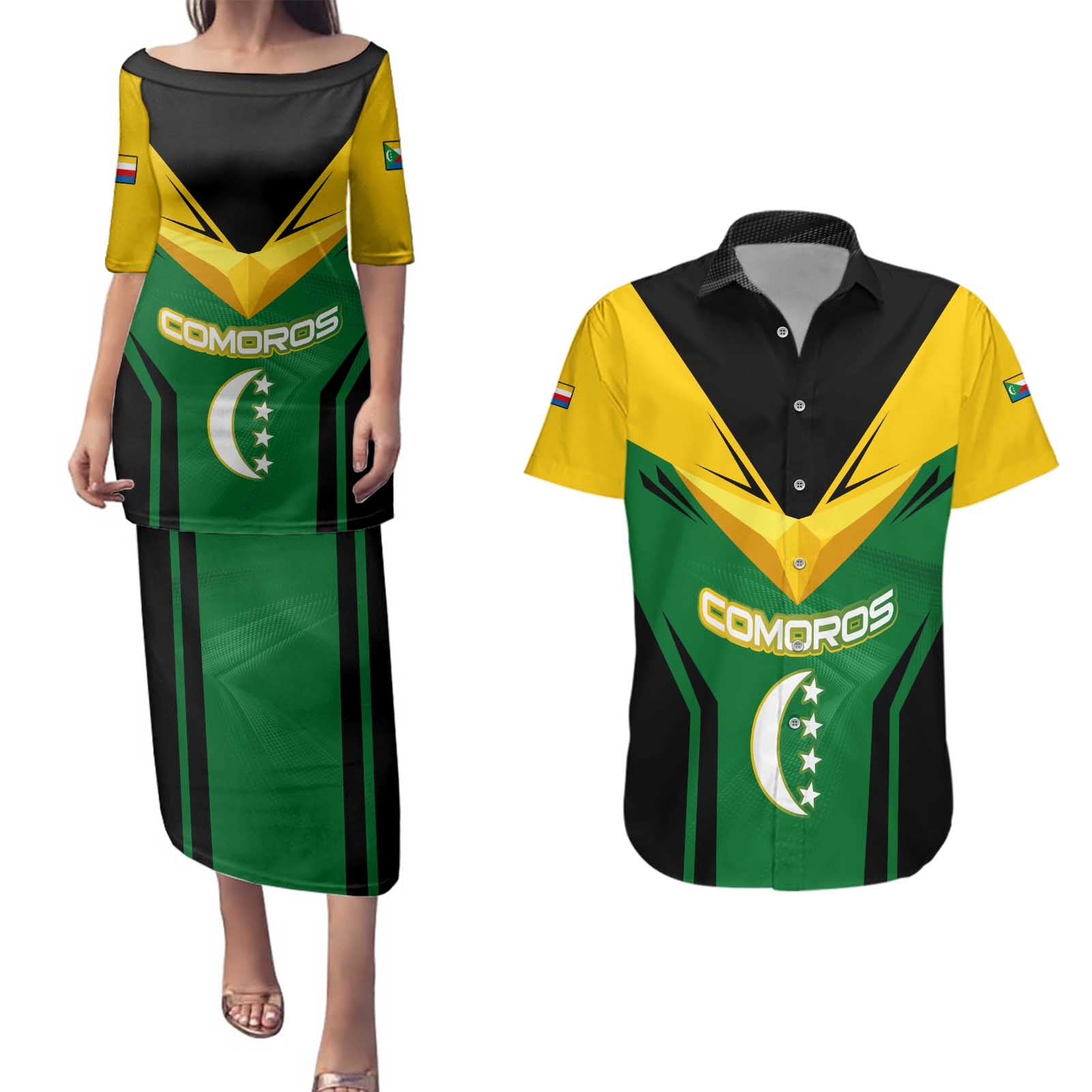 Comoros Couples Matching Puletasi and Hawaiian Shirt with National Colors Green Yellow Black Crescent Moon and Stars Emblem