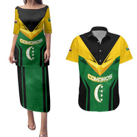 Comoros Couples Matching Puletasi and Hawaiian Shirt with National Colors Green Yellow Black Crescent Moon and Stars Emblem