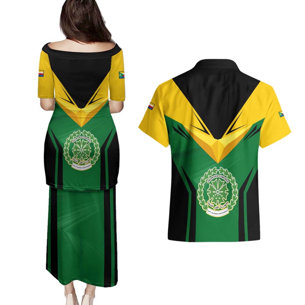 Comoros Couples Matching Puletasi and Hawaiian Shirt with National Colors Green Yellow Black Crescent Moon and Stars Emblem
