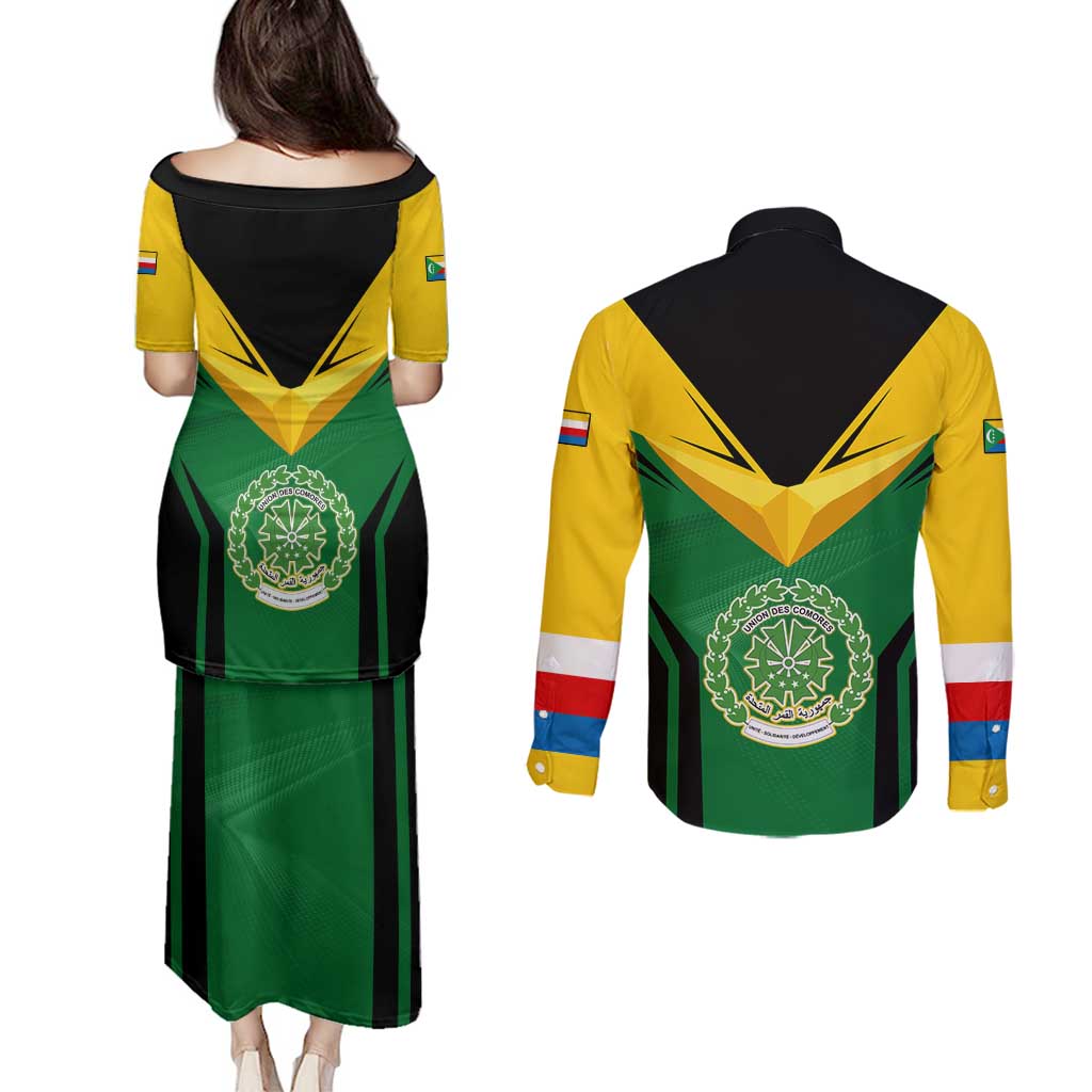 Comoros Couples Matching Puletasi and Long Sleeve Button Shirt with National Colors Green Yellow Black Crescent Moon and Stars Emblem