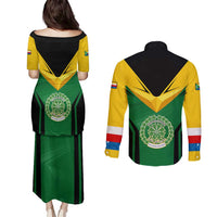 Comoros Couples Matching Puletasi and Long Sleeve Button Shirt with National Colors Green Yellow Black Crescent Moon and Stars Emblem