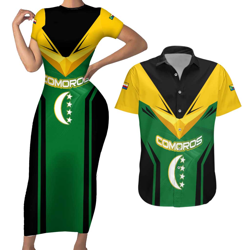Comoros Couples Matching Short Sleeve Bodycon Dress and Hawaiian Shirt with National Colors Green Yellow Black Crescent Moon and Stars Emblem