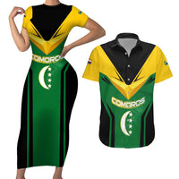 Comoros Couples Matching Short Sleeve Bodycon Dress and Hawaiian Shirt with National Colors Green Yellow Black Crescent Moon and Stars Emblem