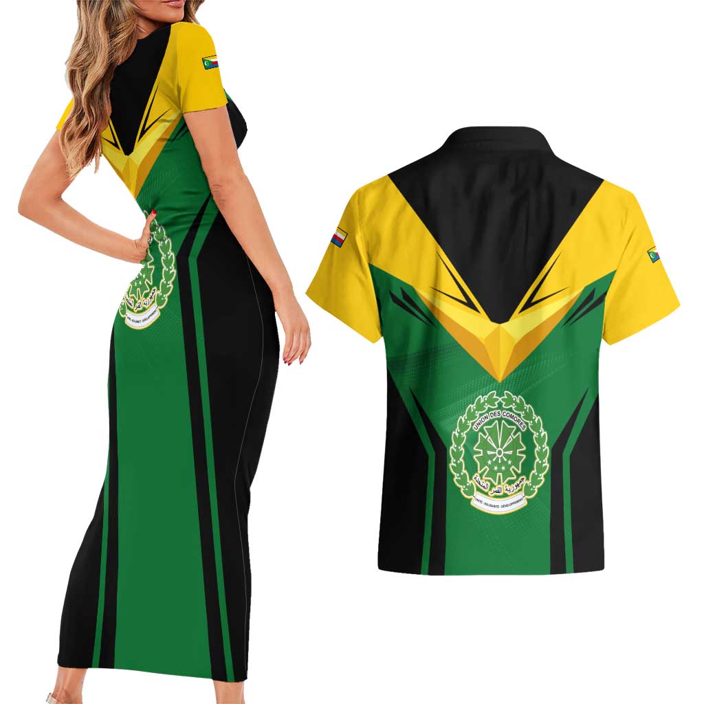 Comoros Couples Matching Short Sleeve Bodycon Dress and Hawaiian Shirt with National Colors Green Yellow Black Crescent Moon and Stars Emblem