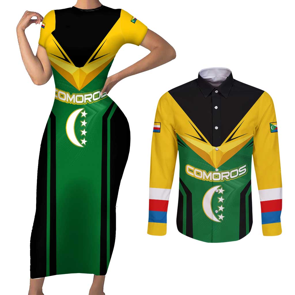 Comoros Couples Matching Short Sleeve Bodycon Dress and Long Sleeve Button Shirt with National Colors Green Yellow Black Crescent Moon and Stars Emblem