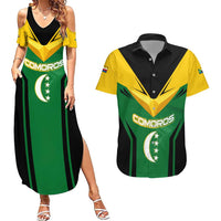 Comoros Couples Matching Summer Maxi Dress and Hawaiian Shirt with National Colors Green Yellow Black Crescent Moon and Stars Emblem