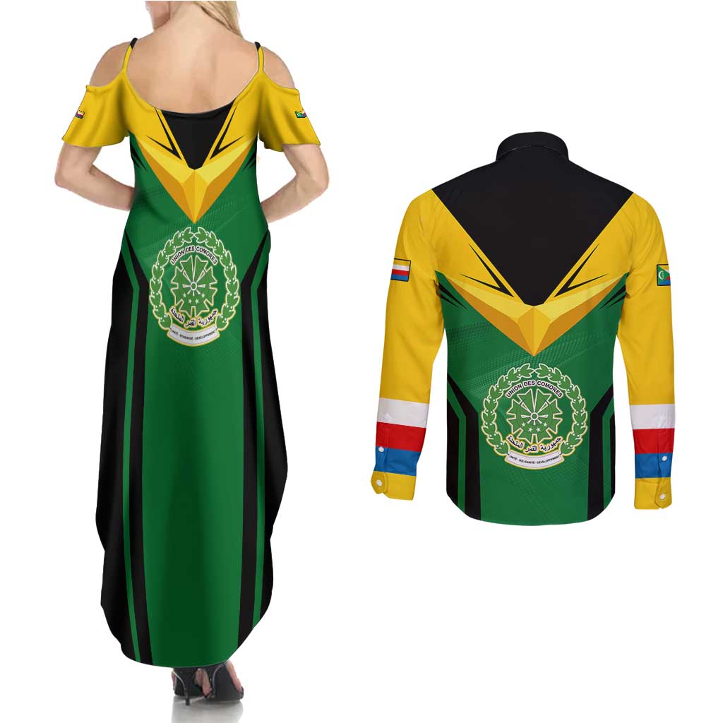 Comoros Couples Matching Summer Maxi Dress and Long Sleeve Button Shirt with National Colors Green Yellow Black Crescent Moon and Stars Emblem