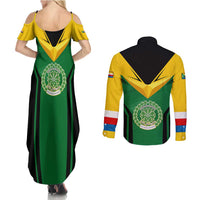 Comoros Couples Matching Summer Maxi Dress and Long Sleeve Button Shirt with National Colors Green Yellow Black Crescent Moon and Stars Emblem