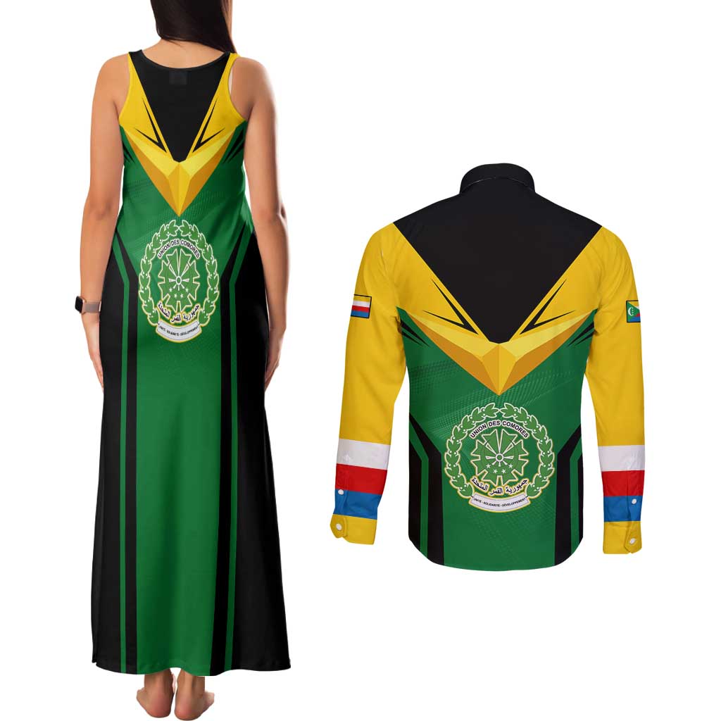 Comoros Couples Matching Tank Maxi Dress and Long Sleeve Button Shirt with National Colors Green Yellow Black Crescent Moon and Stars Emblem