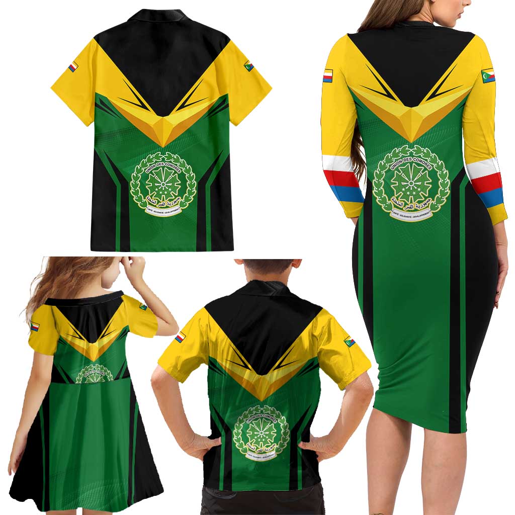 Comoros Family Matching Long Sleeve Bodycon Dress and Hawaiian Shirt with National Colors Green Yellow Black Crescent Moon and Stars Emblem