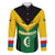 Comoros Family Matching Long Sleeve Bodycon Dress and Hawaiian Shirt with National Colors Green Yellow Black Crescent Moon and Stars Emblem