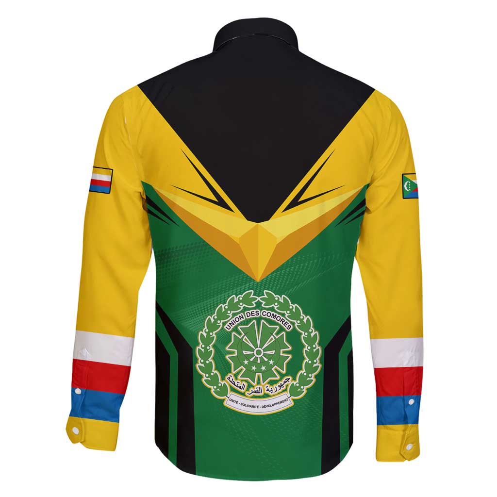 Comoros Family Matching Long Sleeve Bodycon Dress and Hawaiian Shirt with National Colors Green Yellow Black Crescent Moon and Stars Emblem