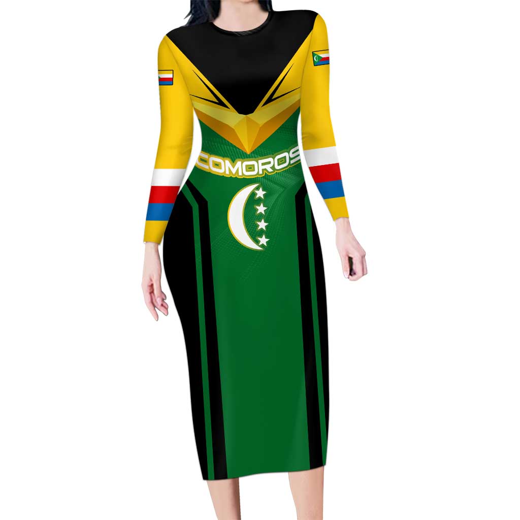 Comoros Family Matching Long Sleeve Bodycon Dress and Hawaiian Shirt with National Colors Green Yellow Black Crescent Moon and Stars Emblem