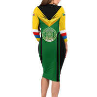 Comoros Family Matching Long Sleeve Bodycon Dress and Hawaiian Shirt with National Colors Green Yellow Black Crescent Moon and Stars Emblem