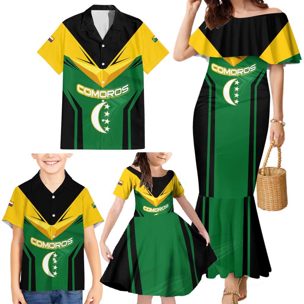 Comoros Family Matching Mermaid Dress and Hawaiian Shirt with National Colors Green Yellow Black Crescent Moon and Stars Emblem