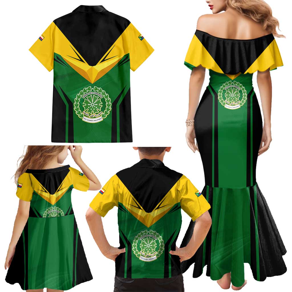 Comoros Family Matching Mermaid Dress and Hawaiian Shirt with National Colors Green Yellow Black Crescent Moon and Stars Emblem