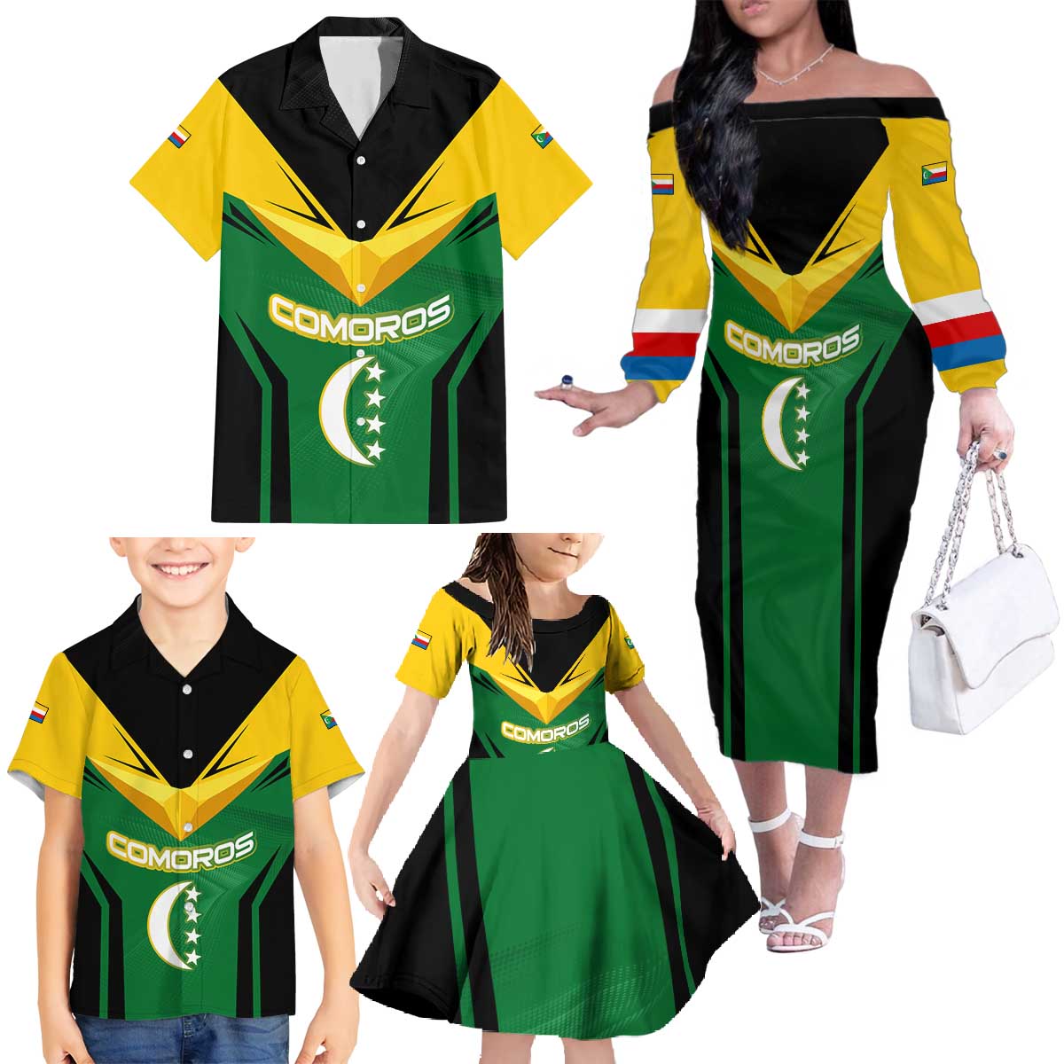 Comoros Family Matching Off The Shoulder Long Sleeve Dress and Hawaiian Shirt with National Colors Green Yellow Black Crescent Moon and Stars Emblem