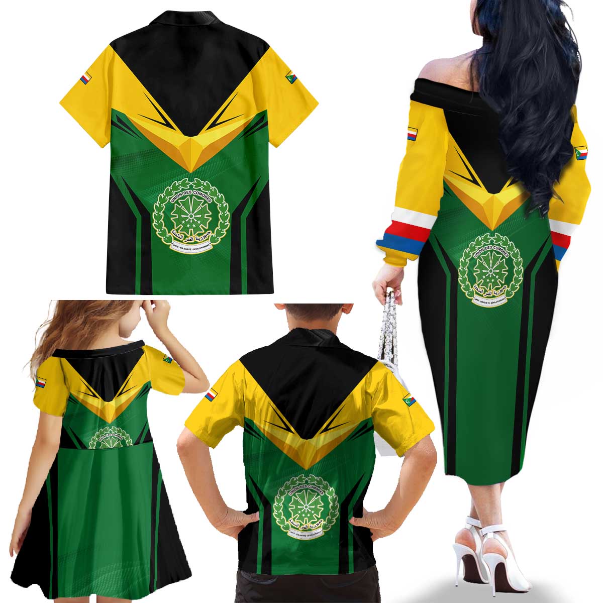 Comoros Family Matching Off The Shoulder Long Sleeve Dress and Hawaiian Shirt with National Colors Green Yellow Black Crescent Moon and Stars Emblem