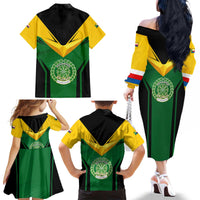 Comoros Family Matching Off The Shoulder Long Sleeve Dress and Hawaiian Shirt with National Colors Green Yellow Black Crescent Moon and Stars Emblem