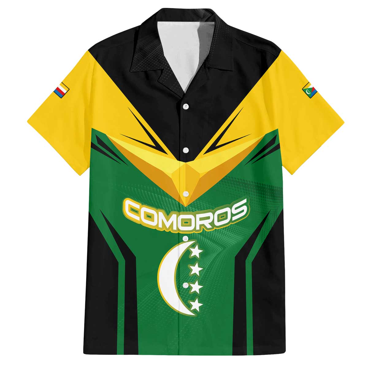 Comoros Family Matching Off The Shoulder Long Sleeve Dress and Hawaiian Shirt with National Colors Green Yellow Black Crescent Moon and Stars Emblem