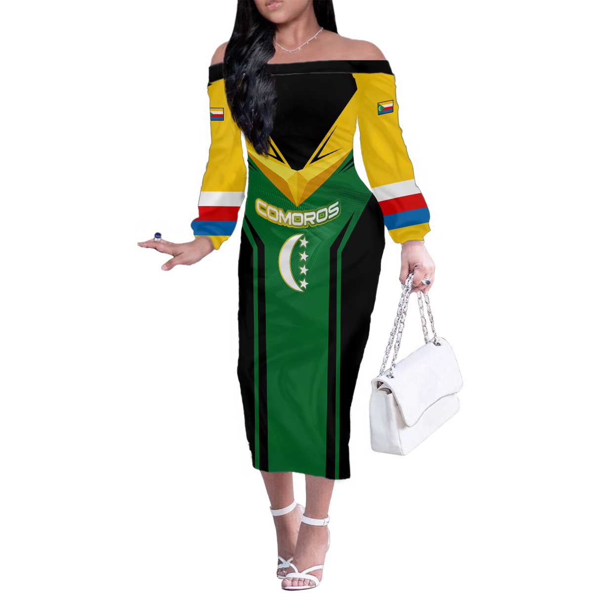 Comoros Family Matching Off The Shoulder Long Sleeve Dress and Hawaiian Shirt with National Colors Green Yellow Black Crescent Moon and Stars Emblem